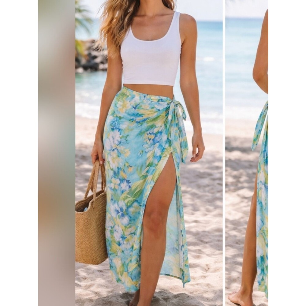 rave tropical floral wrap skirt y2k sarong blue green beach vacation midi maxi l